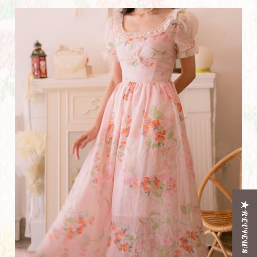 Retro fairy cottage core pink floral dress